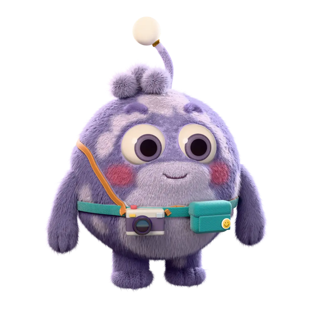 Nubo, a round, furry lavender alien girl with big eyes and a camera, floating inside the station