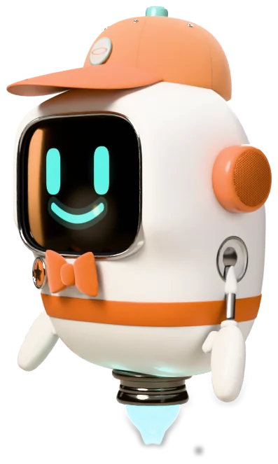 Iko, a white robot with an orange cap, an orange bow tie and a glowing smile on its face screen, floating beside her