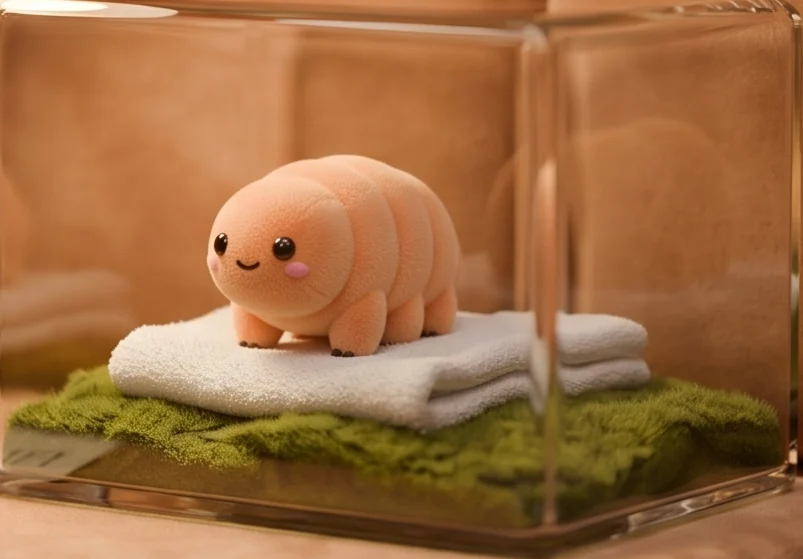 Taffi, a tiny peach-coloured plush tardigrade, sitting on a folded towel on moss inside a glass box