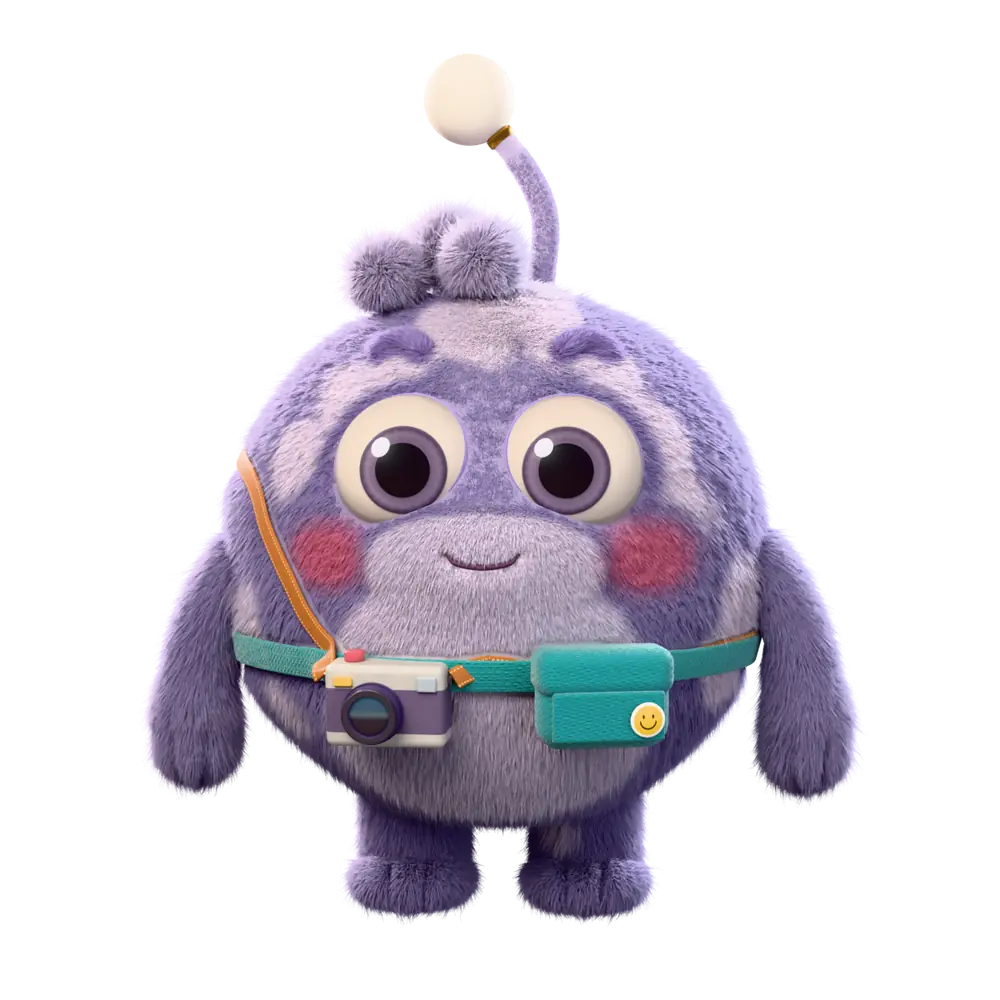 Nubo, a round lavender alien with big eyes, an antenna, a camera and a teal belt bag