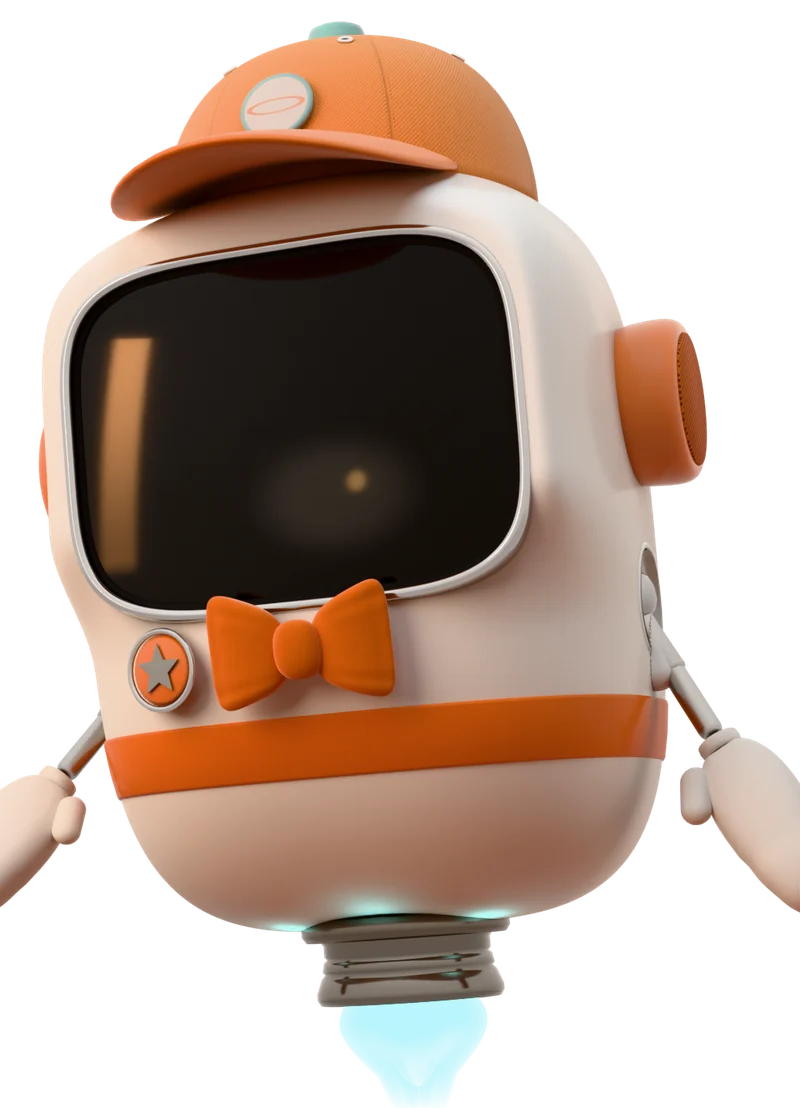 Iko, a white capsule robot with an orange cap, an orange bow tie and a dark face screen, floating on a soft cyan glow